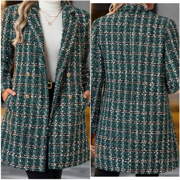 Classic Plaid Tweed Double Breasted Pockets Lined Coat Jacket - Picture 3 of 4